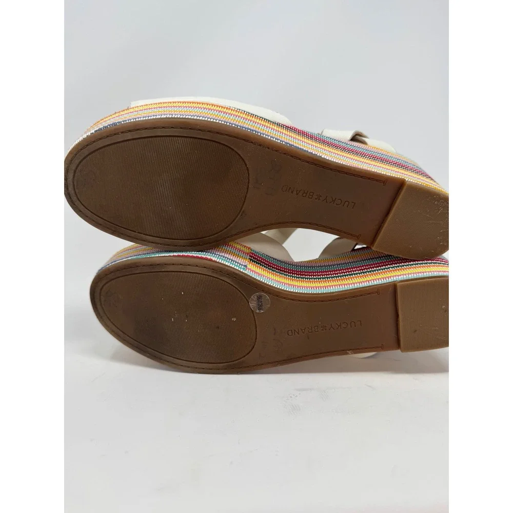 Lucky Brand Ginny Womens White Leather Rainbow Striped‎ Platform Wedge Sz 8.5